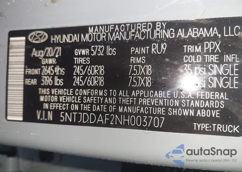 2022 Hyundai Santa Cruz Sel Premium z USA, uszkodzony, nr VIN 5NTJDDAF2NH003707